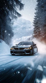 Winter-drive sports car slicing through a snowy forest road.