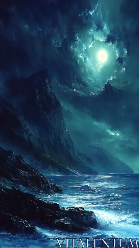 Luminous full moon over storm-tossed coastal cliffs at night