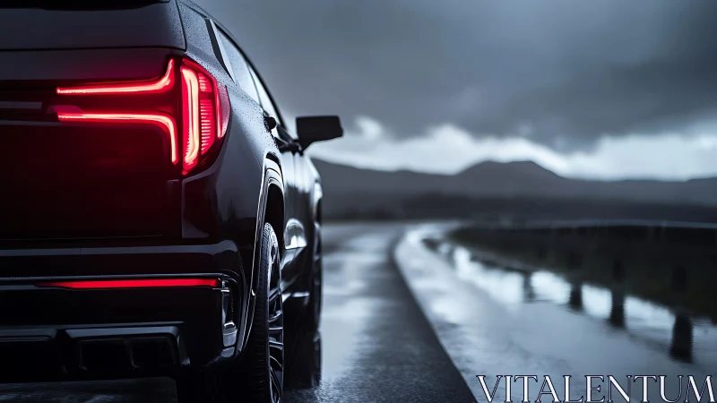 Rear SUV view shows illuminated taillights on wet coastal road
