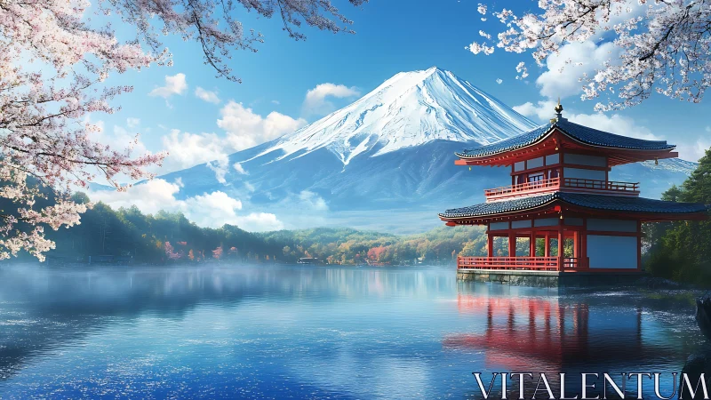 Serene lakeside pagoda beneath snow-capped volcanic peak.