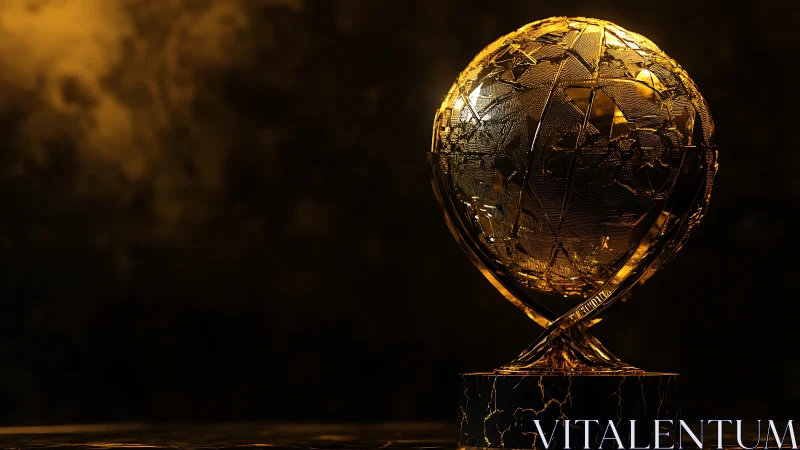 Golden globe trophy sculpture under dramatic studio light.