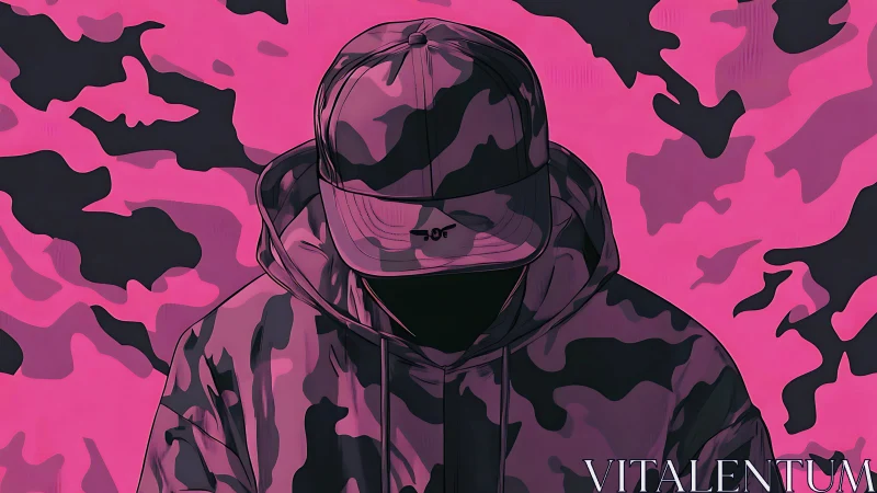 Hooded figure in pink camouflage against abstract backdrop.