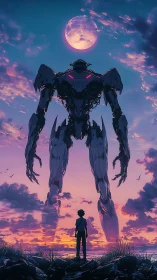 Backlit mecha silhouette towers over lone youth at dusk sky