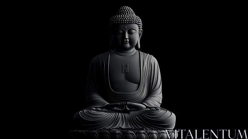 Monochrome 3D Buddha statue in lotus pose on black background