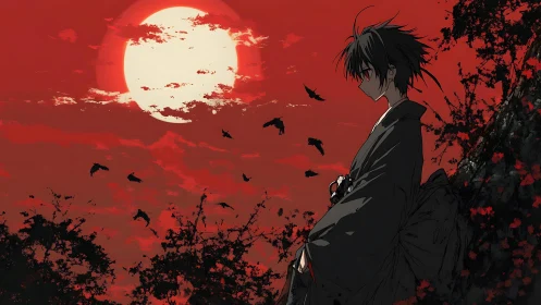 Silhouetted figure before red sky and large pale sun.