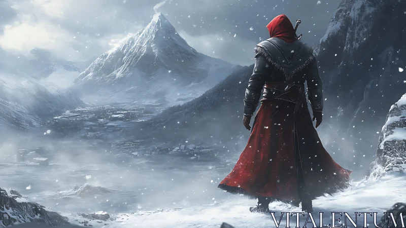 Lone red‑cloaked warrior surveys a frozen mountain valley.