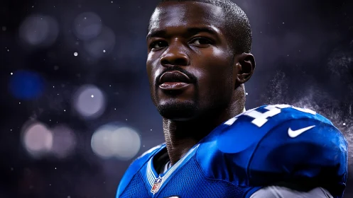 Focused football player in blue jersey under stadium lights.