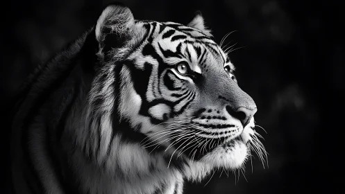 Monochrome close-up shows tiger head in lateral profile