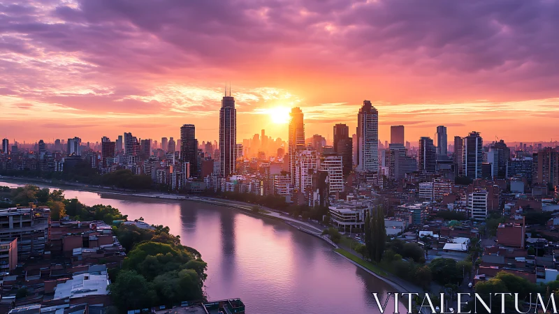 Urban skyline is recorded at sunset with river foreground