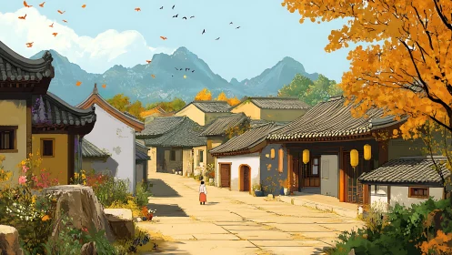 Golden autumn light strolls through a peaceful village lane