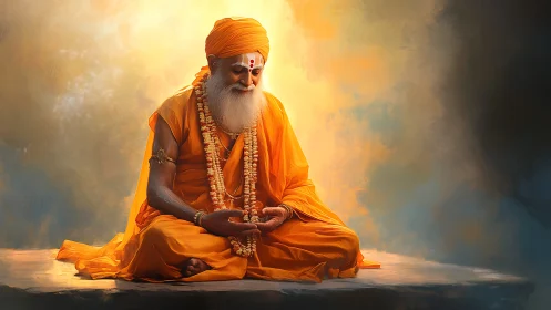Elderly Hindu sage in saffron robes meditates in radiant light