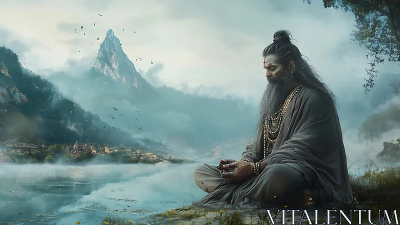 Meditating sage beside misty lake in mountain valley.