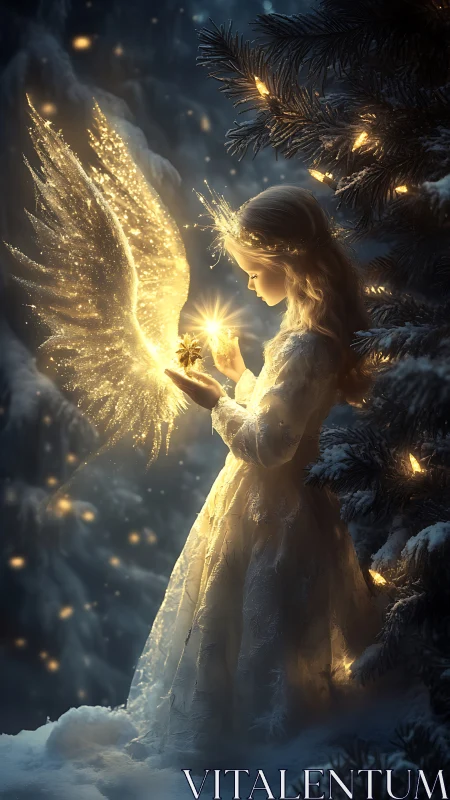 Luminous winter angel child with glowing golden spirit bird.