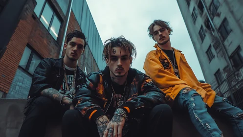 Three tattooed young men in edgy streetwear sit in alley