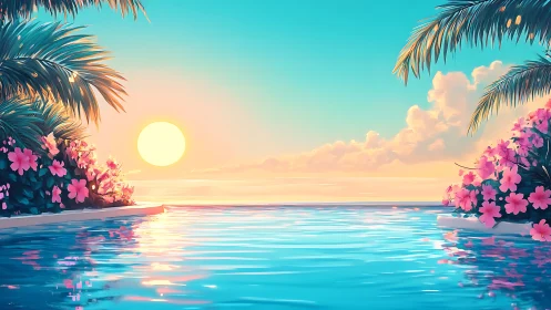 Digital painting of tropical infinity pool at pastel sunset.