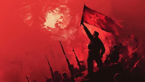 Soldier raises red star flag above armed troops in battle
