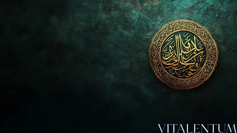 Golden Arabic calligraphy medallion on deep teal wall.