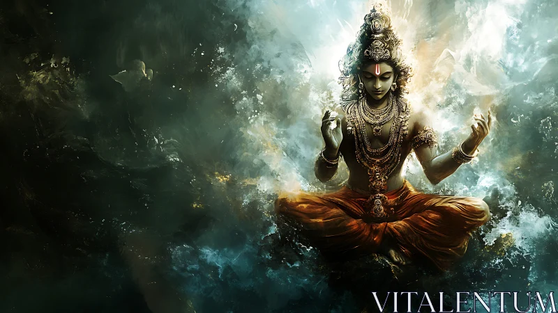 Meditative deity figure in luminous abstract environment.