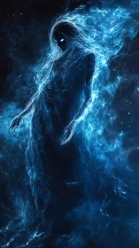 Spectral blue entity rendered in dynamic luminous energy streams