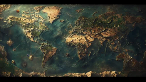 Textured world map relief with vintage nautical details.