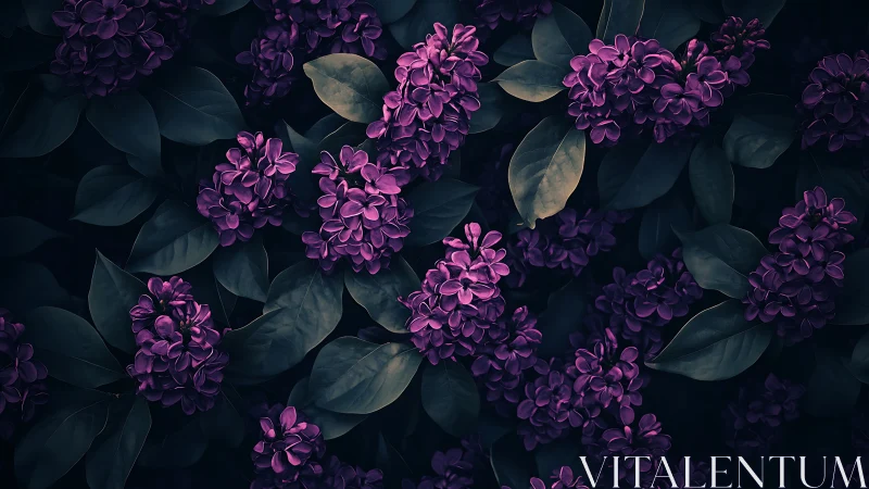 Purple Lilac Blossoms in Moody Botanical Composition