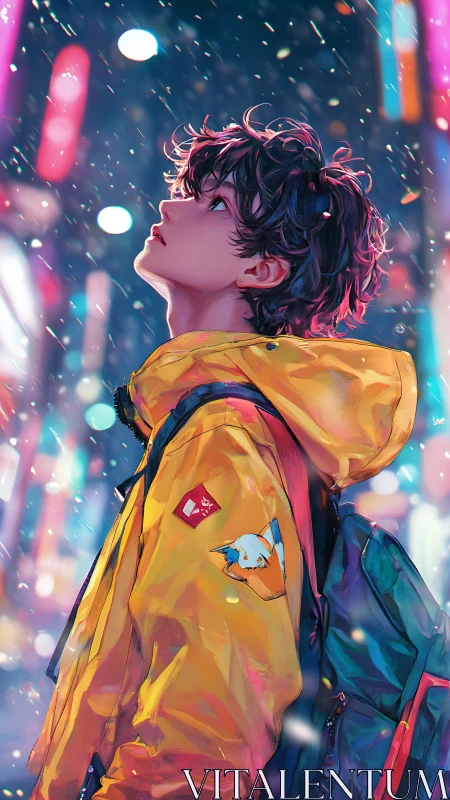 Neon snowfall drifts around a wistful wanderer in yellow.