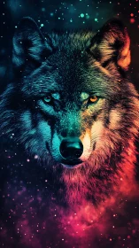 Cosmic colored wolf portrait with split neon lighting.