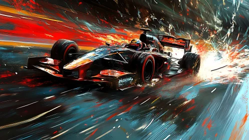Formula car in dynamic motion rendered as abstract digital painting