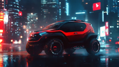 Futuristic off-road SUV rendered in neon-lit rainy cyberpunk street
