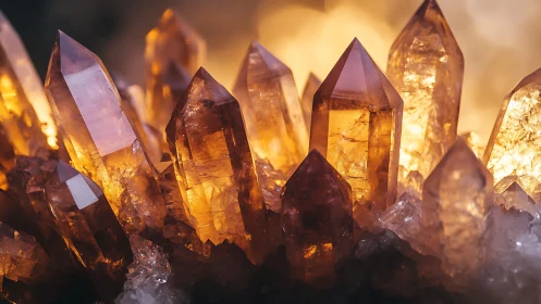 Photorealistic amber crystal cluster with backlit translucency.