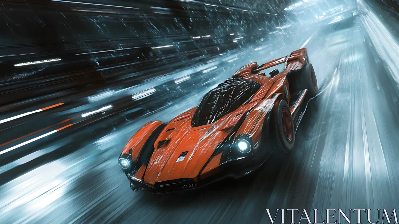 Scarlet hypercar slicing through neon stormed tunnel.