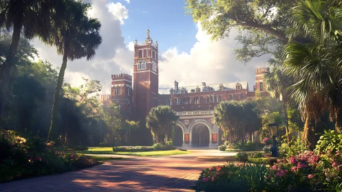 Sunlit redbrick academy wrapped in lush tropical hush.