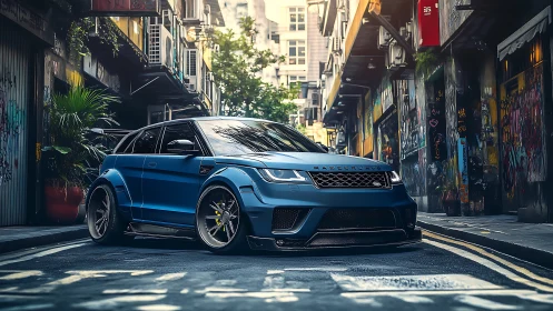 Street-slammed blue SUV prowls a neon-tinted urban canyon.
