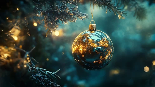 Glistening glass bauble amid frosted fir and warm lights.