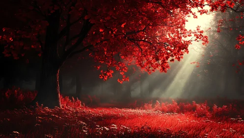 Scarlet forest glows as sunlight pierces through crimson canopy.