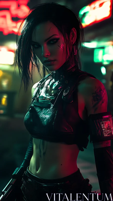 Cyberpunk woman stands in neon street with tactical gear