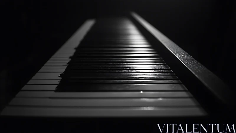 Oblique low key view reveals glossy piano keys with shallow focus