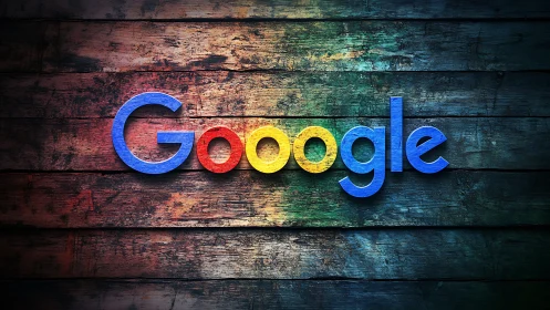 Google logotype pops against colorful rustic wood backdrop.