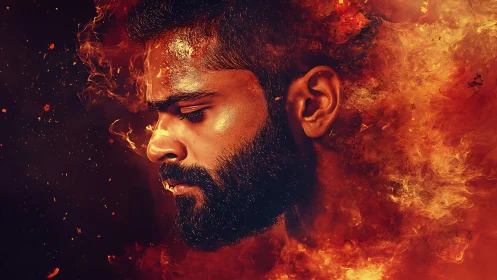 Combustive portraiture of bearded male profile in infernal bloom.
