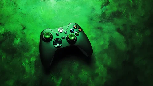 Gaming Controller Emerges from Neon Green Atmospheric Haze