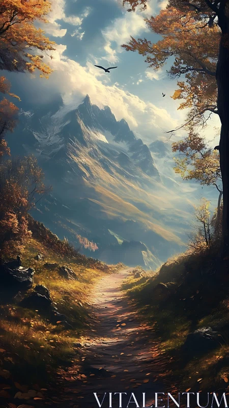 Mountain trail under autumn trees and dramatic sky.