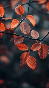Orange autumn leaves hang sharply focused against blur