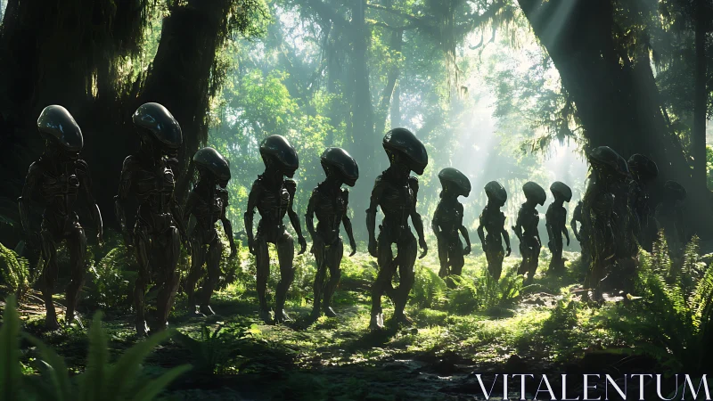 Alien scouts march through a misty, light filled jungle clearing
