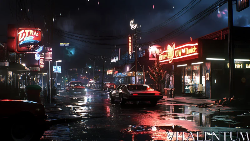 Nocturnal neon corridor with reflective wet asphalt dynamics.