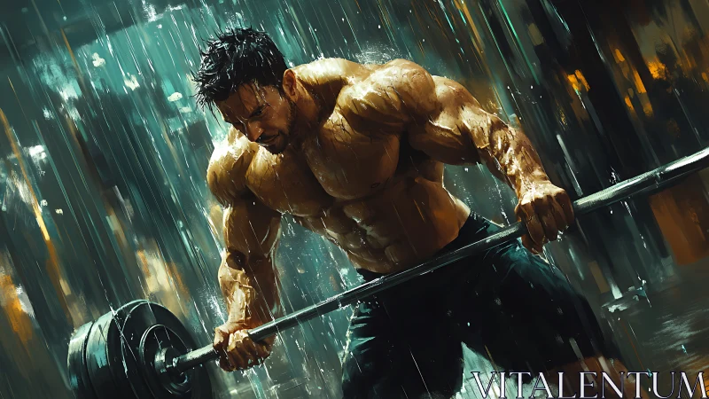 Muscular athlete lifts heavy barbell under driving rain