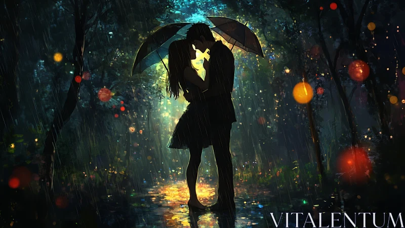 Silhouetted Couple Kissing Under Umbrella in Rain.