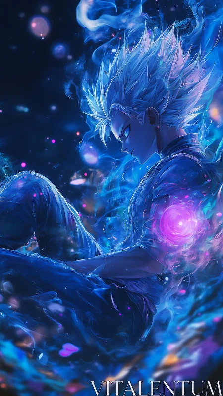 Plasma-veined anime warrior in suspended luminous vortex field.