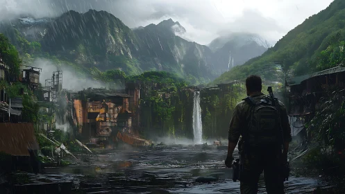 Lone traveler surveys ruined jungle city in heavy rain.