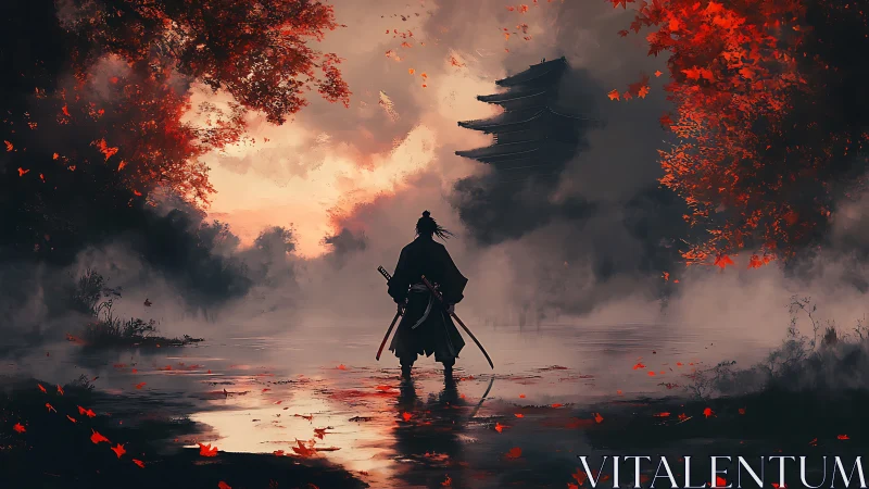 Lone samurai wades through crimson fog toward fading pagoda