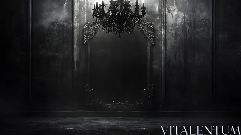 Dark ornate chandelier in empty baroque style interior.